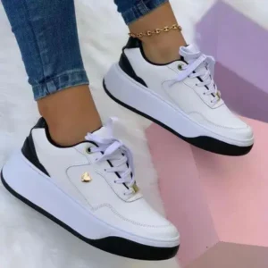 Fashionpared Women'S Fashion Flat Round Toe Plus Size Solid Color Front Lace-Up Sneakers