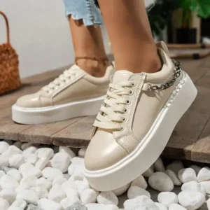 Fashionpared Women'S Fashion Round Toe Chain Lace Up Low Top Solid PU Thick-Soled Sneakers