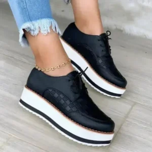 Fashionpared Women'S Fashion Vintage Lace-Up Solid Color Flat Slip-On PU Sneakers Shoes