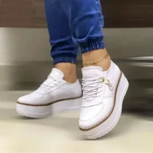 Fashionpared Women Fashion Round Toe Solid Color Pu Hidden Wedge Lace-Up Low Top Sneakers Shoes