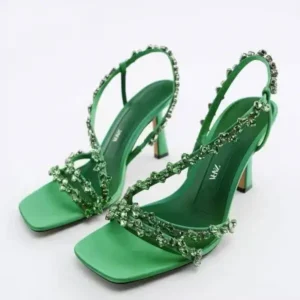 Fashionpared Women Fashion Plus Size Sexy Rhinestone Strap Square Toe Heeled Sandals