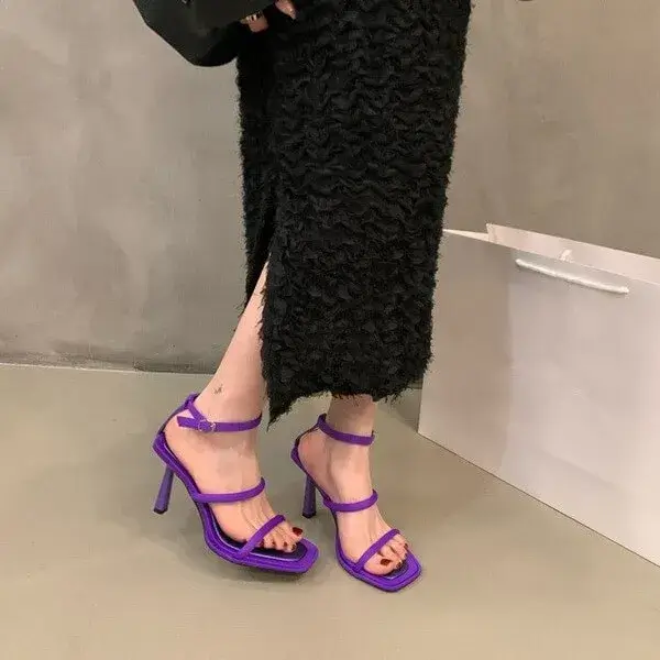 Fashionpared Women Fashion Sexy Simple Strap Square Toe Heeled Sandals