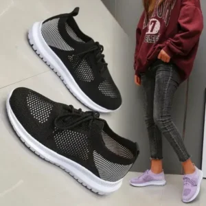 Fashionpared Women Casual Sports Lace-Up Design Mesh Breathable Solid Color Sneakers