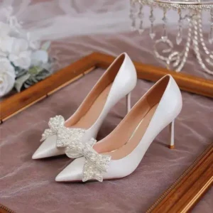 Fashionpared Women Fashion Sexy Pointed Satin Pearl Pointed Toe Shoes