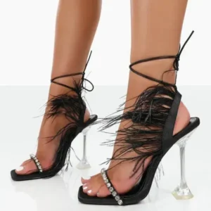 Fashionpared Women Fashion Sexy Rhinestone Feather Decorative Solid Color High Heel Sandals Shoes