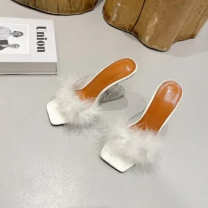 Fashionpared Women Fashion Sexy Feather Decoration Solid Color Chunky High Heel Slippers Shoes