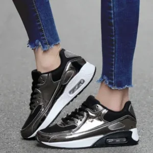 Fashionpared Women Casual Sports Lace Up Design Shiny Air Cushion Platform Sneakers