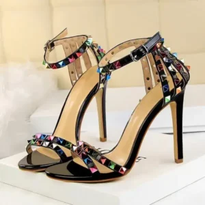 Fashionpared Fashion Women Sexy 11cm High Heels Rivets Studded Sandals Ankle Buckle Strap Stiletto Shoes