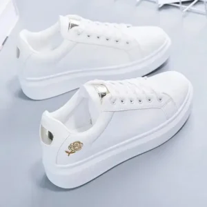 Fashionpared Women Casual Fashion Rose Embroidery Thick-Soled Comfortable PU Leather White Sneakers