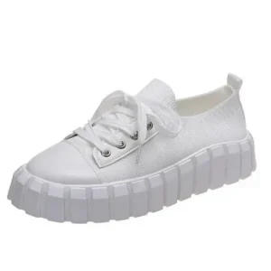 Fashionpared Thick-Soled Fly-Woven Fabric Breathable Women Flat Lace-Up Elastic Sneakers