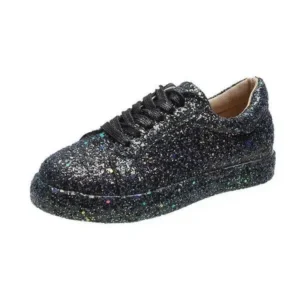 Fashionpared Women Creative Casual Sequined Solid Color Lace-Up Low-Top Flat Sneakers