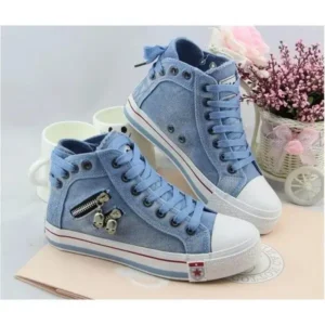 Fashionpared Women Casual Spring Zipper Decor Lace-Up High Top Denim Canvas Sneakers