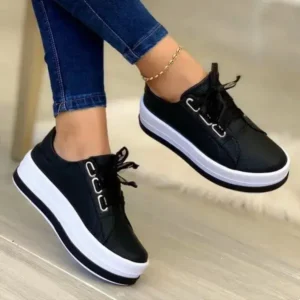 Fashionpared Women Casual Round Toe Lace-Up Block Color Platform Shoes PU Sneakers