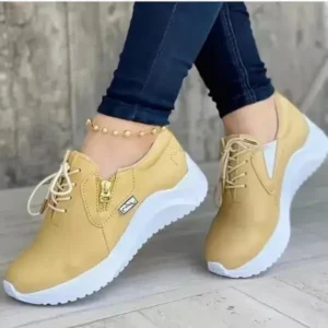 Fashionpared Women Casual Round Toe Low Cut Lace-Up PU Side Zipper Design Solid Color Sneakers