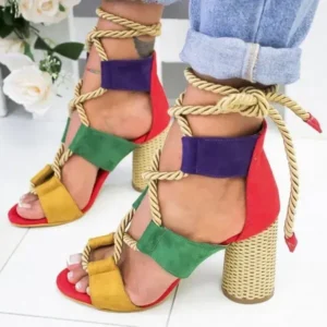 Fashionpared Women Fashion Sexy Cross Hollow Lace Up Design Color Blocking High Heel Sandals Shoes