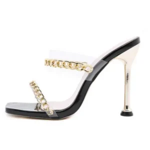 Fashionpared Women Sexy Plus Size Metal Chain Square-Toe High Heel Sandals