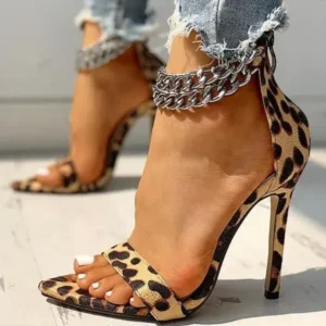 Fashionpared Women Sexy Metal Chain Buckle Ankle Strap Animal Printed High Heels