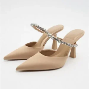 Fashionpared Summer Women Plus Size Fashion Casual Rhinestone Pointed Cover Toe High Heel Slippers