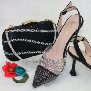 Fashionpared Women Classic Black Pointed Shoes Transparent Pvc Rhinestone Chain Square Hand Bag Set