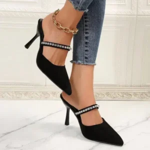 Fashionpared Summer Women Fashion Plus Size Elegant Pointed Toe Strap Rhinestone Stiletto Heel Slippers