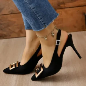 Fashionpared Summer Women Fashion Casual Plus Size Solid Color Pointed Toe Metal Buckle Sling Back High Heel Sandals