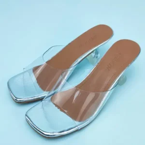 Fashionpared Women Fashion Casual Square Toe Transparent Design Mid Heel Slippers