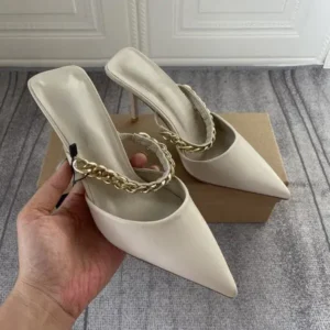 Fashionpared Women Sexy Chain Design Pointed Toe Solid Stiletto Mules