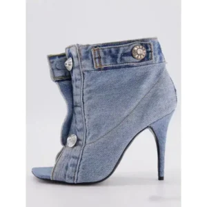 Fashionpared Women Fashion High Heel Denim Button High Top Boots