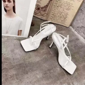 Fashionpared Women Fashion Sexy PU Solid Color Square Toe Stiletto Heel Ankle Strap Buckle Thong Sandals