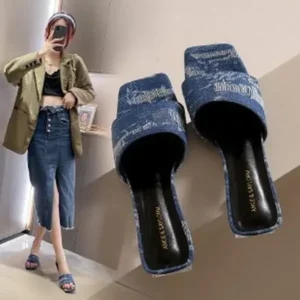 Fashionpared Women Fashion Casual PU Denim Square Toe Chunky Heel Slippers