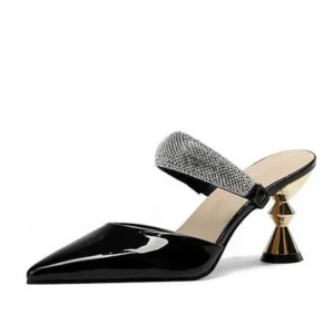 Fashionpared Women Fashion Elegant PU Solid Color Rhinestone Pointed Toe Chunky Heel Slippers