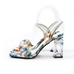 Fashionpared Women Fashion Sexy PU Rhinestone Floral Printed Square Toe Chunky Heel ?Sandals