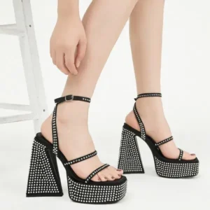 Fashionpared Women Fashion Sexy PU Rhinestone Solid Color Round Toe Platform Chunky Heel Ankle Strap Buckle Sandals6