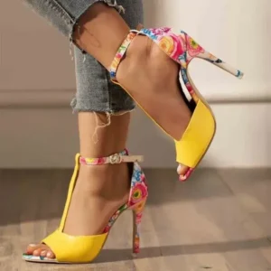 Fashionpared Women Fashion Sexy Floral Printed Peep Toe Stiletto Heel Ankle Strap Buckle Sandals