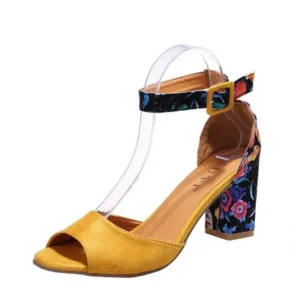 Fashionpared Women Fashion Sexy PU Floral Printed Peep Toe Chunky Heel Ankle Strap Buckle Sandals