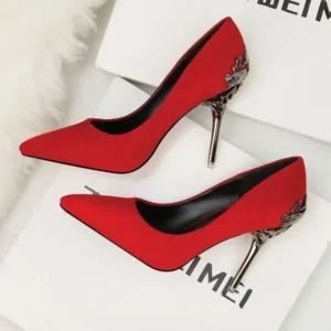 Fashionpared Women Fashion Sexy PU Solid Color Pointed Toe Metal Stiletto Heel Pumps