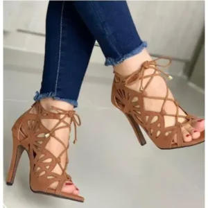 Fashionpared Women Fashion Sexy Solid Color Hollow Peep Toe Stiletto Heel Bandage Sandals