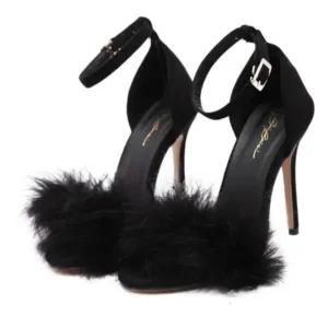 Fashionpared Women Fashion Sexy PU Solid Color Feather Peep Toe Stiletto Heel Ankle Strap Buckle Sandals