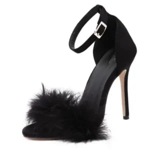 Fashionpared Women Fashion Sexy Solid Color Feather Peep Toe Stiletto Heel Ankle Strap Buckle Sandals