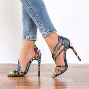 Fashionpared Women Fashion Sexy PU Snake Patterned Pointed Toe Stiletto Heel Sandals