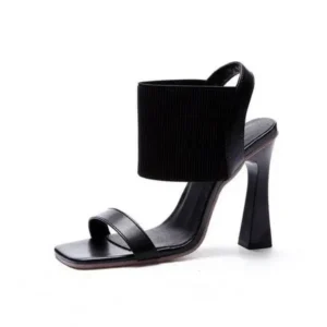 Fashionpared Women Fashion Elegant Solid ColorPU Square Toe Chunky Heel Elastic Sandals