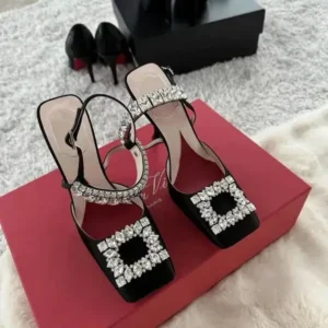 Fashionpared Women Fashion Elegant PU Square Toe Rhinestone Stiletto Heel Ankle Strap Buckle Sandals