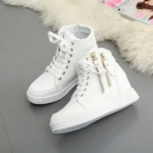 Fashionpared Women Fashion Solid Color Side Zipper Lace-Up Round Head Thick-Soled Sneakers