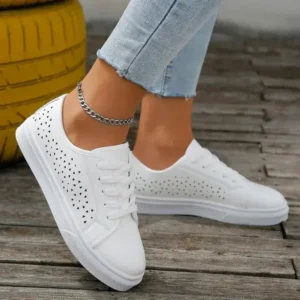 Fashionpared Women Fashion Solid Color Plus Size Hollow Lace-Up Round-Toe Sneakers