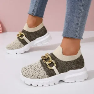 Fashionpared Women Fashion Color Block Metal Chain Thick-Soled Breathable Fly-Woven Sneakers