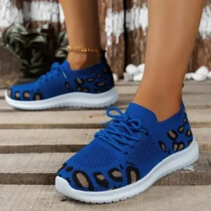 Fashionpared Women Fashion Casual Leopard Print Round Toe Fly-Woven Stretch Sneakers