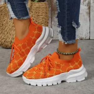 Fashionpared Women Fashion Plus Size Casual Flying Woven Lace-Up Round Toe Sneakers