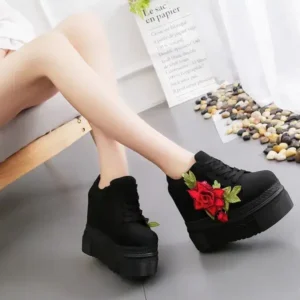 Fashionpared Women Fashion Casual PU Floral Printed Thick-Soled Lace-Up Canvas Sneakers