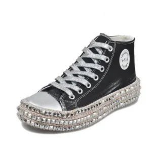 Fashionpared Women Fashion Casual Rhinestone Leopard Lace-Up Canvas Sneakers