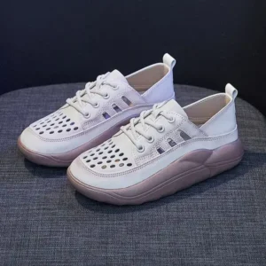 Fashionpared Women Fashion Casual Solid Color PU Lace-Up Hollow Breathable Sneakers